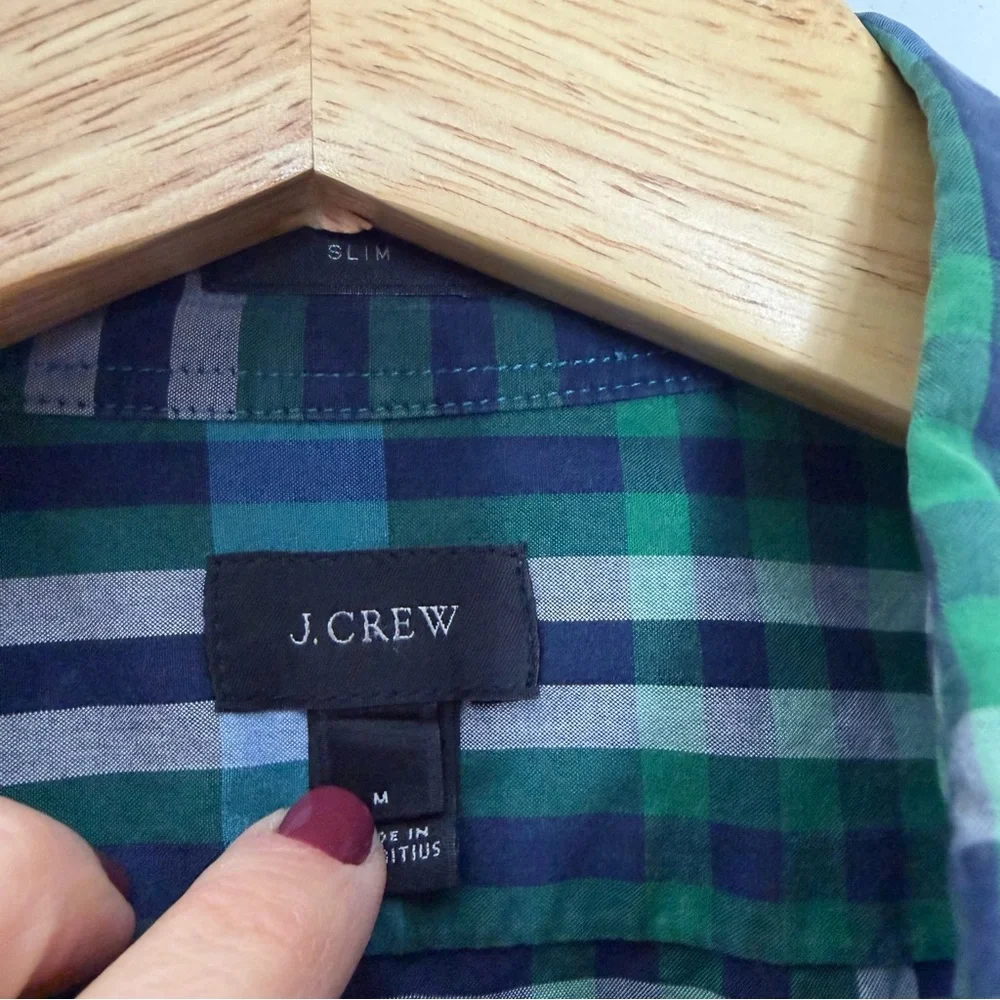 J. Crew Plaid Button Up Long Sleeve Slim Cotton Blue Green Size Medium *12